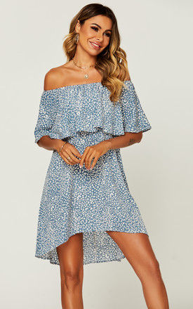 Leopard Print Bardot Frill Off Shoulder Mini Dress In Blue by FS Collection