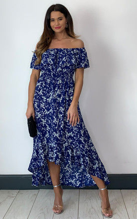 Blue and White Flower Bardot High Low Maxi Dress by Mela London