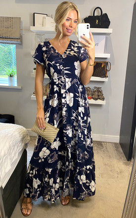 Navy Tropical Button Front Maxi Dress by Izabel London