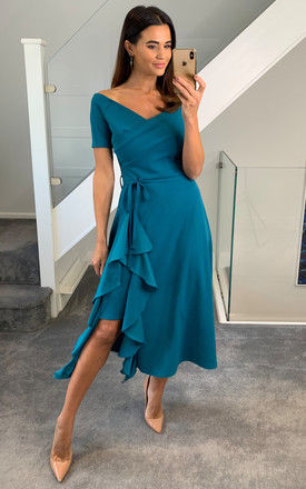 Exclusive Bardot Off Shoulder Frill Midi Dress Teal by Feverfish