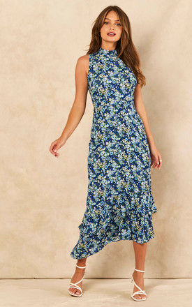 Ruffle Hem High Neck Sleeveless Dress In Blue Floral Print by Bella and Blue