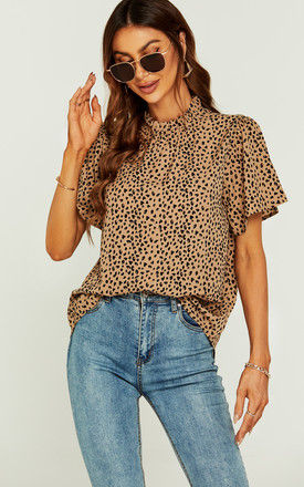 Little Heart Print Angle Sleeve High Neck Top/Blouse In Beige by FS Collection