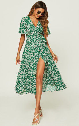 Pretty White Floral Print Wrap Midi Dress In Green by FS Collection