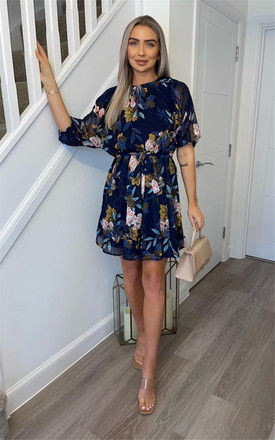 Navy Floral Short Sleeve Mini Dress by Miss Floral
